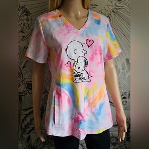 Tie-Dye Snoopy & Charlie Brown V-Neck Scrub Top - Pink Multi